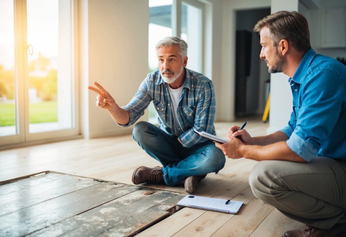 A homeowner gestures towards a worn out floor while asking a contractor hvad koster det at lægge nyt gulv The contractor listens attentively pen and notepad in hand